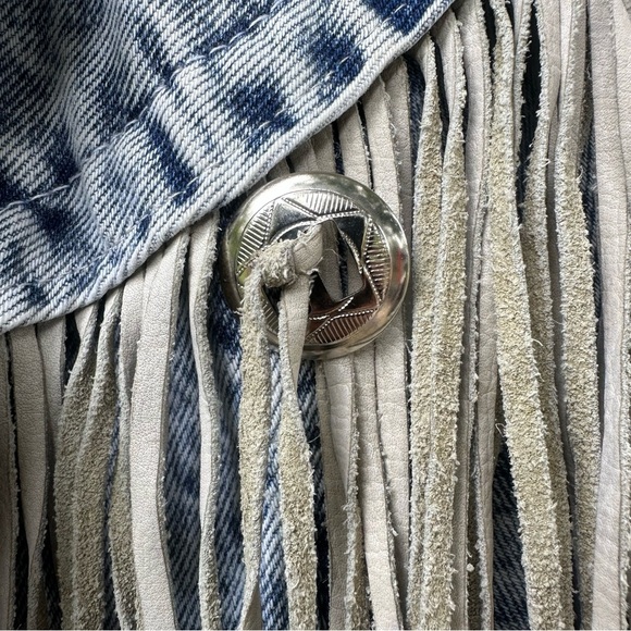 Vintage Acid Wash Denim Leather Fringe Jacket Western Cowboy Rodeo Blazer M - Picture 6 of 10